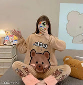 Printed wool pyjamas set-105, long sleeve floral print top & bottom, thermal winter wear for women, India origin